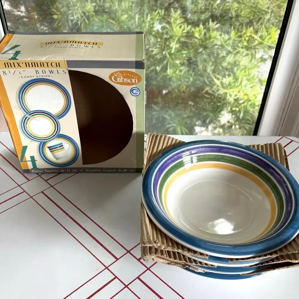 Vintage Gibson Candy Stripe Blue Purple and Green and Yellow Bowls Set of 4 8.25